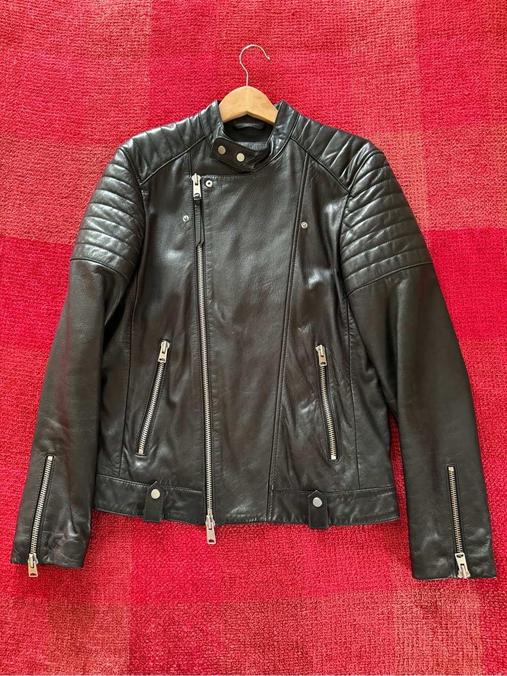AllSaints Black Quilted Shoulder Leather Biker Jacket